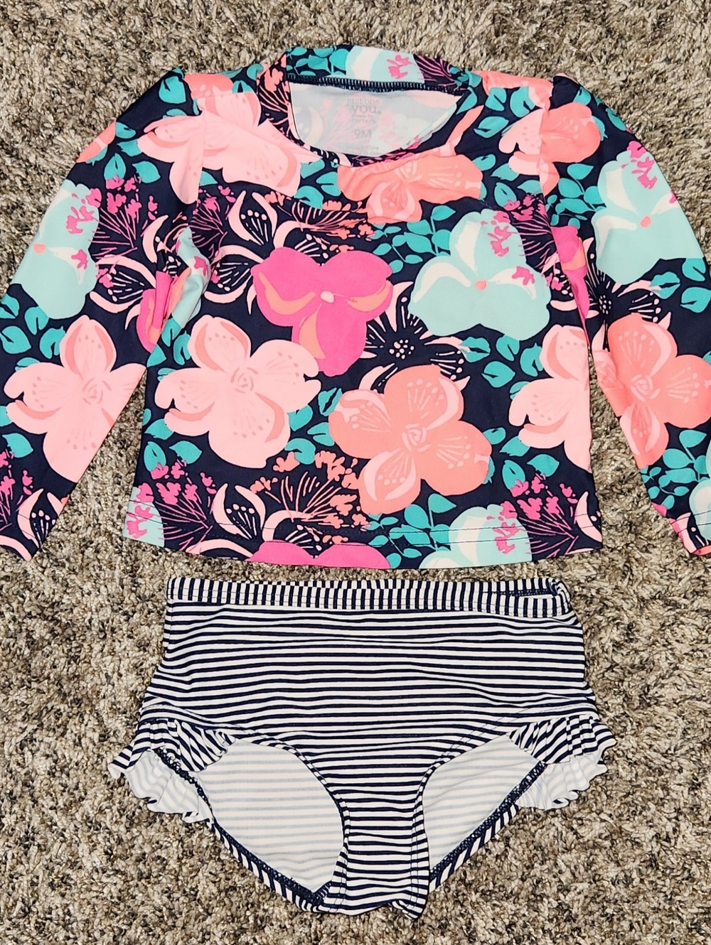 Girls' Floral Long-Sleeve Rashguard Swim Set in Navy, Pink & Mint